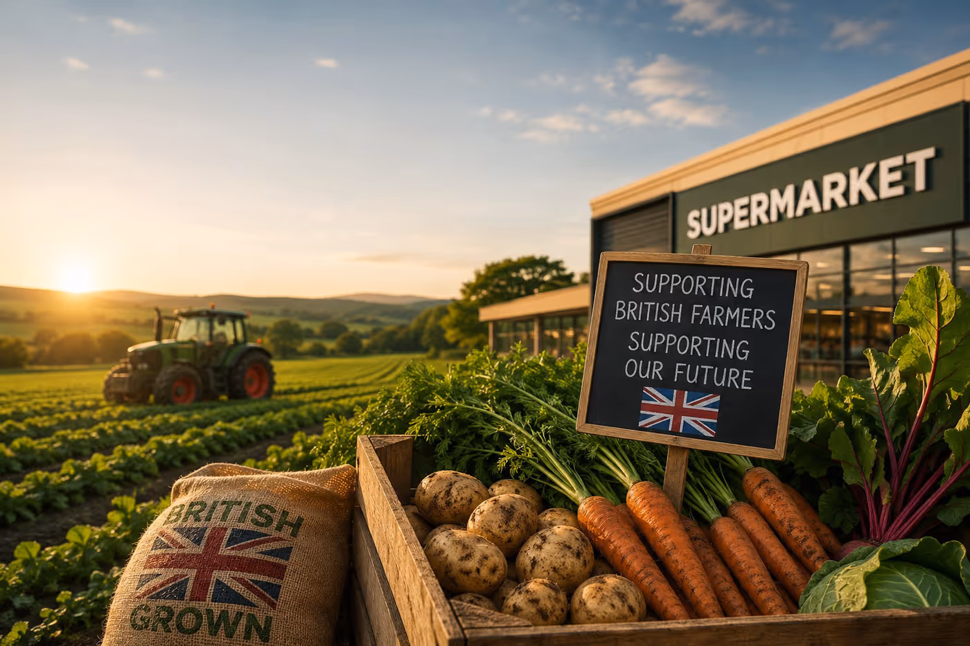 Crate of fresh potatoes, carrots, and greens with a sign supporting British farmers outside a supermarket.