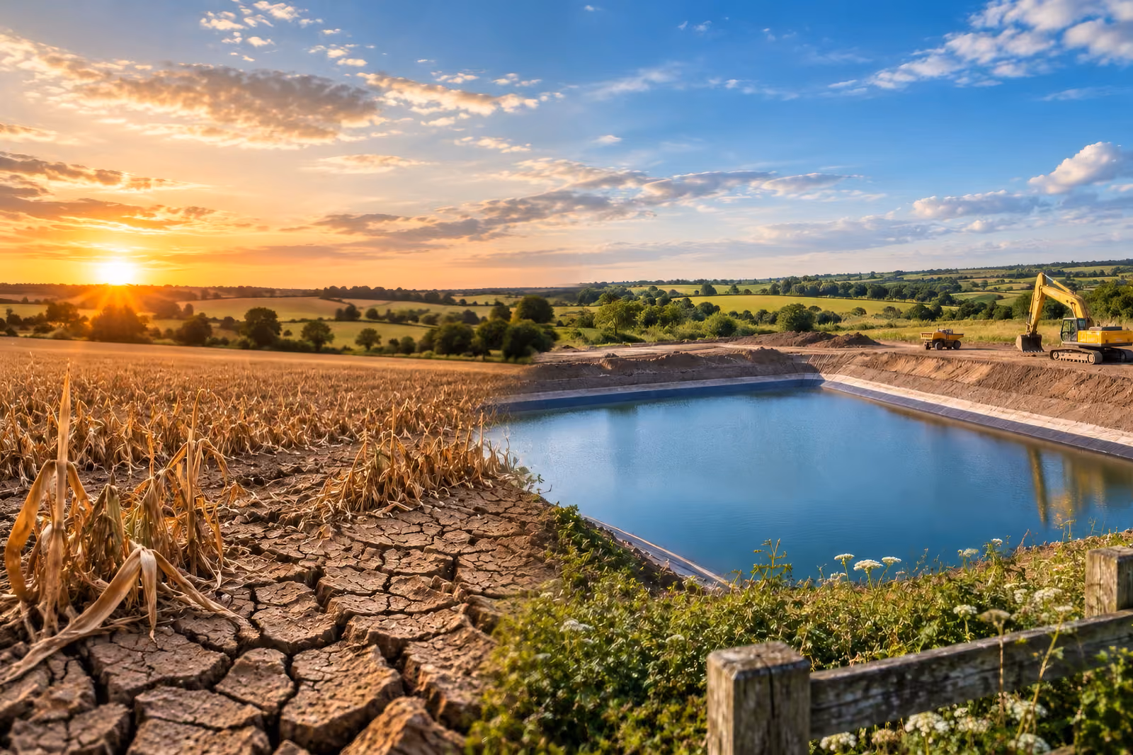 Split landscape showing dry, cracked earth with dead crops on the left and a newly constructed water reservoir with an excavator and dump truck on the right under a partly cloudy sky during sunset.